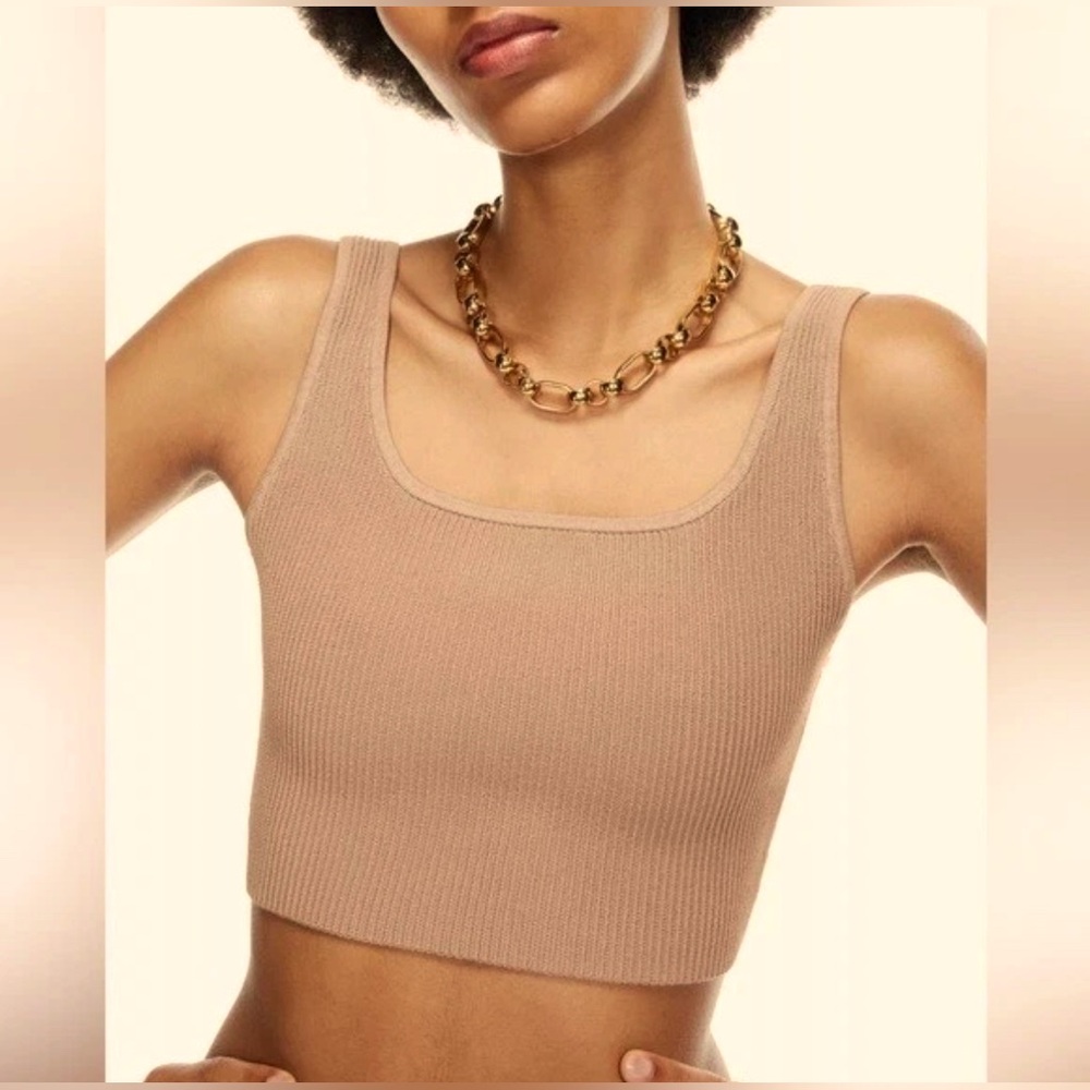 ARITZIA BABATON SCULPT RIBBED KNIT CROP SQUARENECK COMPRESSION TAUPE TANK 2XS